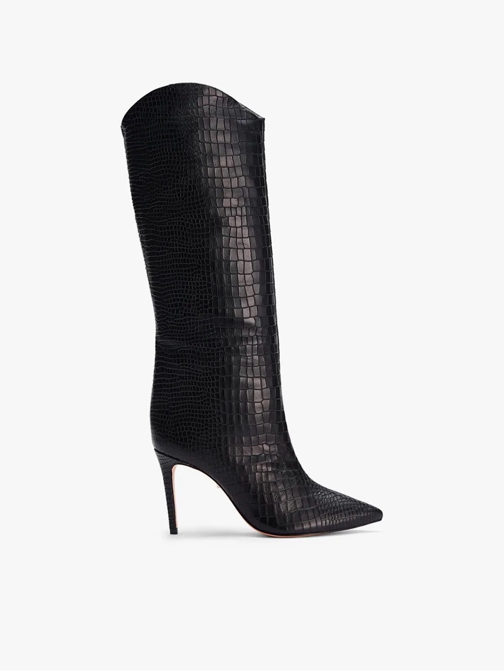 Schutz Croc-Embossed Black Pointed Stiletto Boots